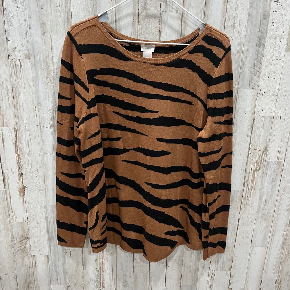 Chicos Tiger Stripe Orange Thick Heavy Knit Pullover Size 2 Large Long Sleeve